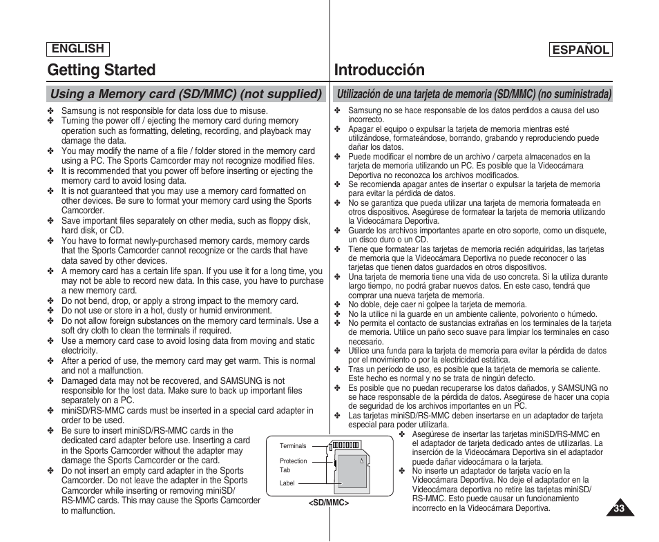Getting started, Introducción, English español | Samsung SC-X205L User Manual | Page 33 / 144