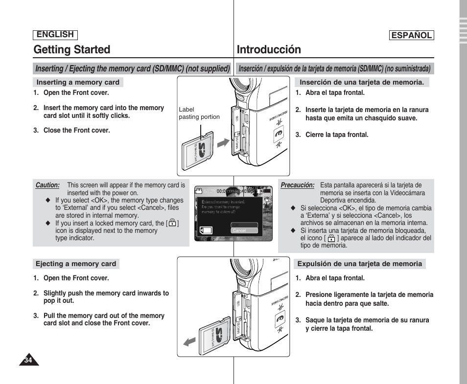 Getting started, Introducción, English español | Samsung SC-X205L User Manual | Page 34 / 144