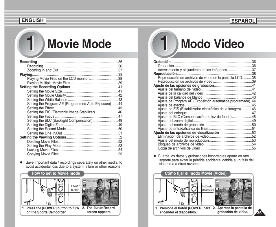 Movie mode, Modo video, English | Español | Samsung SC-X205L User Manual | Page 35 / 144