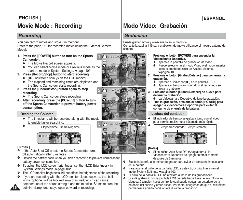 Movie mode : recording, Modo video: grabación, Recording | Grabación, English español | Samsung SC-X205L User Manual | Page 36 / 144