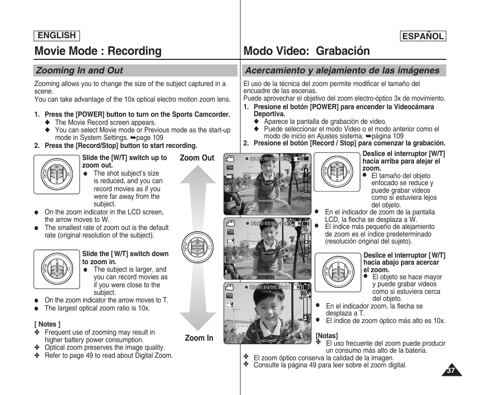 Movie mode : recording, Modo video: grabación, Zooming in and out | Acercamiento y alejamiento de las imágenes, English español, Zoom in zoom out | Samsung SC-X205L User Manual | Page 37 / 144