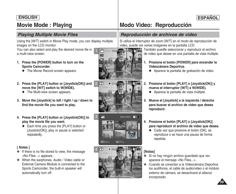 Movie mode : playing, Modo video: reproducción, Playing multiple movie files | Reproducción de archivos de video, English español | Samsung SC-X205L User Manual | Page 39 / 144