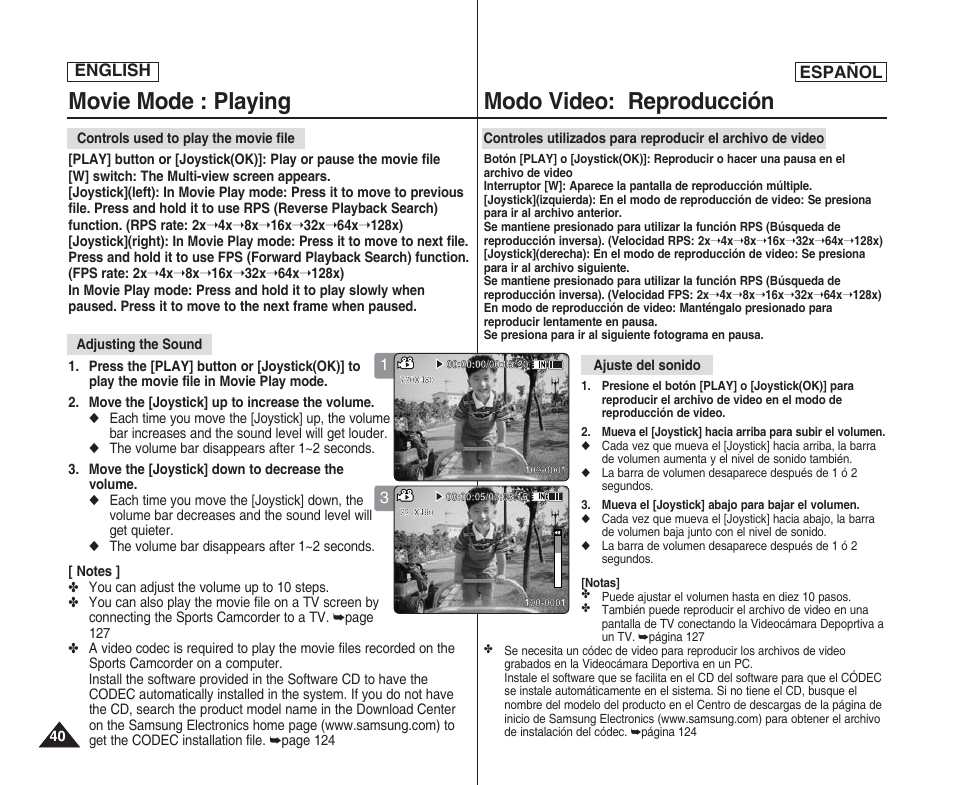 Movie mode : playing, Modo video: reproducción, English español | Samsung SC-X205L User Manual | Page 40 / 144