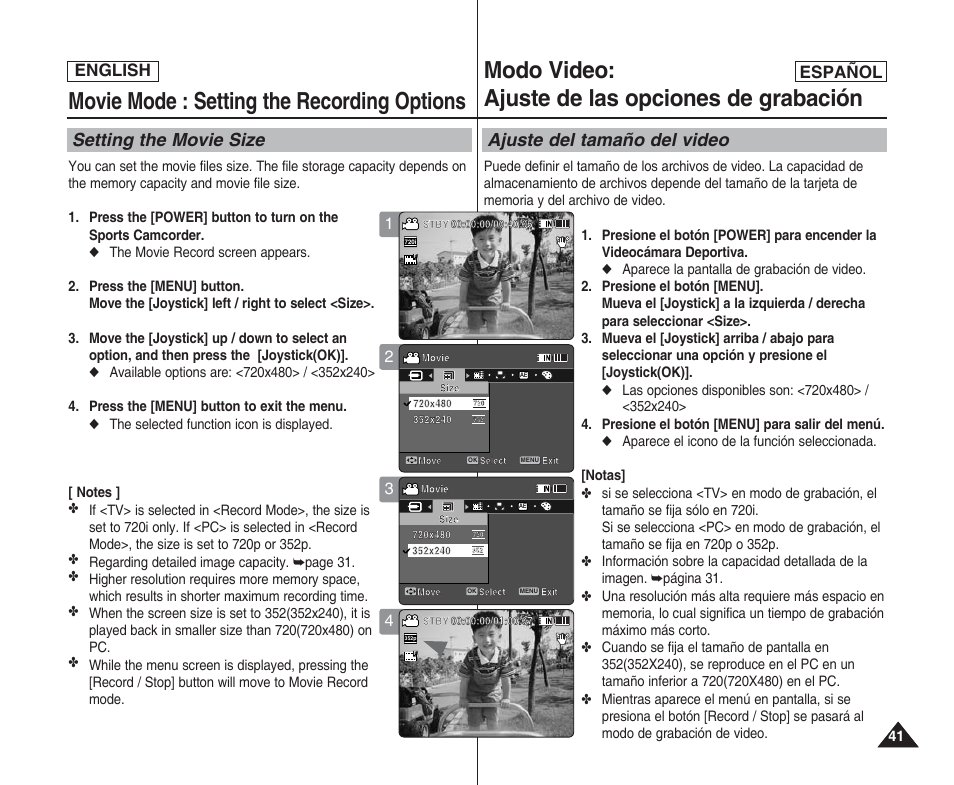 Movie mode : setting the recording options, Modo video: ajuste de las opciones de grabación, Setting the movie size | Ajuste del tamaño del video, English español | Samsung SC-X205L User Manual | Page 41 / 144