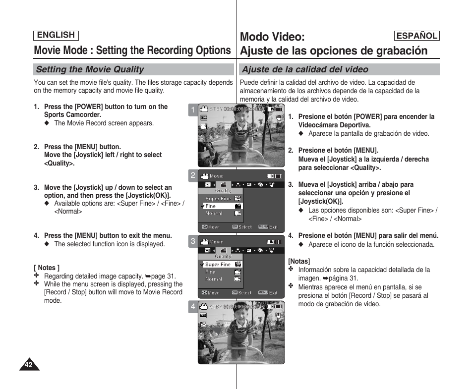 Movie mode : setting the recording options, Modo video: ajuste de las opciones de grabación, Setting the movie quality | Ajuste de la calidad del video, English español | Samsung SC-X205L User Manual | Page 42 / 144