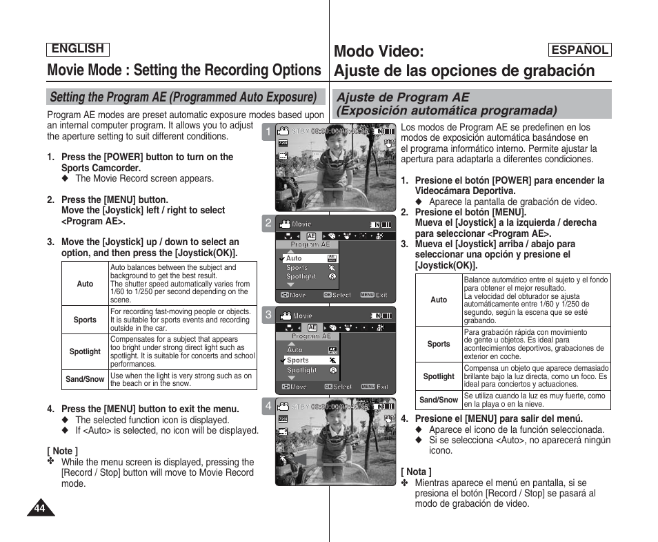 Movie mode : setting the recording options, Modo video: ajuste de las opciones de grabación, Setting the program ae (programmed auto exposure) | English español | Samsung SC-X205L User Manual | Page 44 / 144