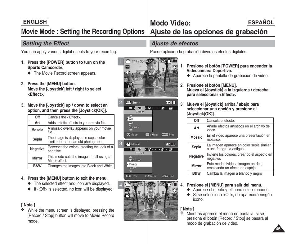 Movie mode : setting the recording options, Modo video: ajuste de las opciones de grabación, Setting the effect | Ajuste de efectos, English español | Samsung SC-X205L User Manual | Page 45 / 144
