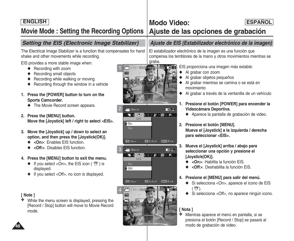 Movie mode : setting the recording options, Modo video: ajuste de las opciones de grabación, Setting the eis (electronic image stabilizer) | English español | Samsung SC-X205L User Manual | Page 46 / 144