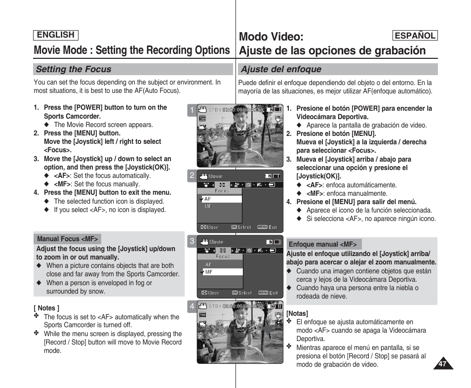 Movie mode : setting the recording options, Modo video: ajuste de las opciones de grabación, Setting the focus | Ajuste del enfoque, English español | Samsung SC-X205L User Manual | Page 47 / 144