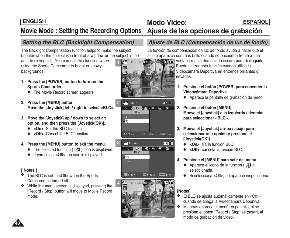 Movie mode : setting the recording options, Modo video: ajuste de las opciones de grabación, Setting the blc (backlight compensation) | Ajuste de blc (compensación de luz de fondo), English español | Samsung SC-X205L User Manual | Page 48 / 144