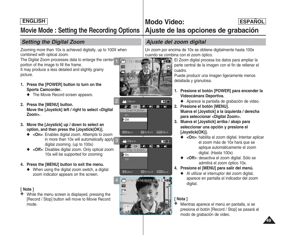 Movie mode : setting the recording options, Modo video: ajuste de las opciones de grabación, Setting the digital zoom | Ajuste del zoom digital, English español | Samsung SC-X205L User Manual | Page 49 / 144