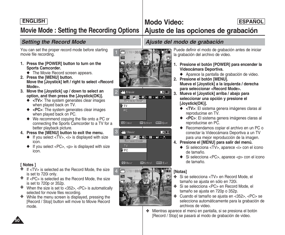 Movie mode : setting the recording options, Modo video: ajuste de las opciones de grabación, Setting the record mode | Ajuste del modo de grabación, English español | Samsung SC-X205L User Manual | Page 50 / 144