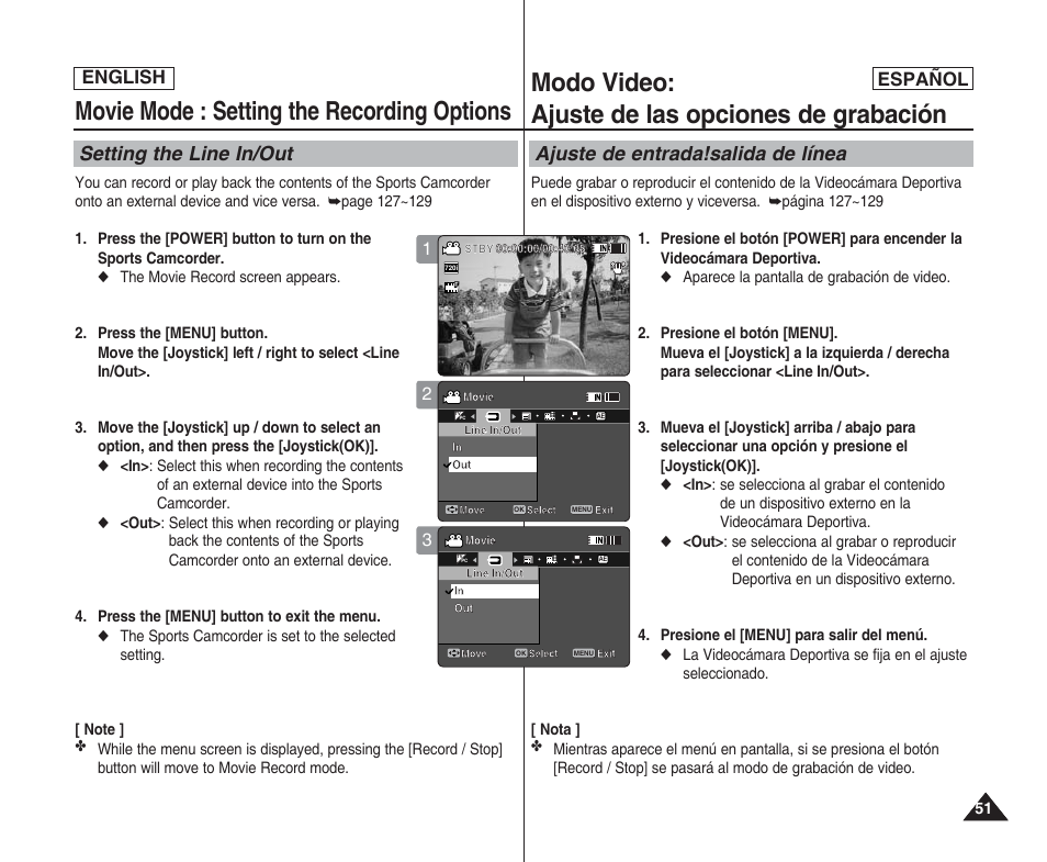 Movie mode : setting the recording options, Modo video: ajuste de las opciones de grabación, Setting the line in/out | Ajuste de entrada!salida de línea, English español | Samsung SC-X205L User Manual | Page 51 / 144