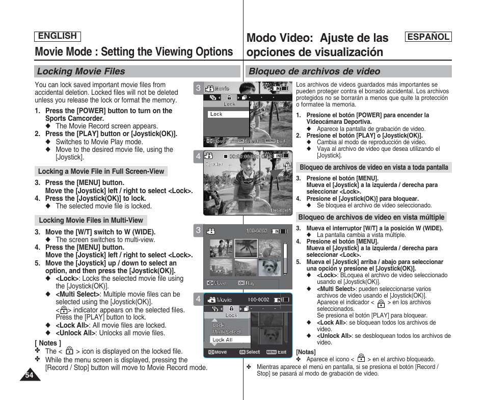 Movie mode : setting the viewing options, Locking movie files, Bloqueo de archivos de video | English español | Samsung SC-X205L User Manual | Page 54 / 144