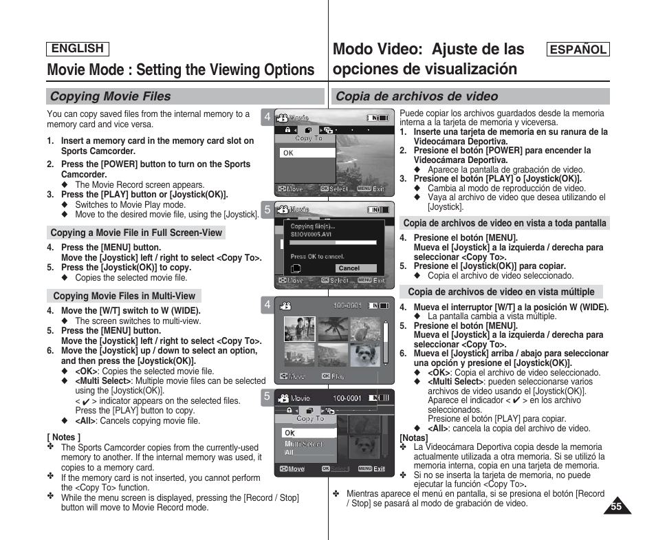Movie mode : setting the viewing options, Copying movie files, Copia de archivos de video | English español | Samsung SC-X205L User Manual | Page 55 / 144