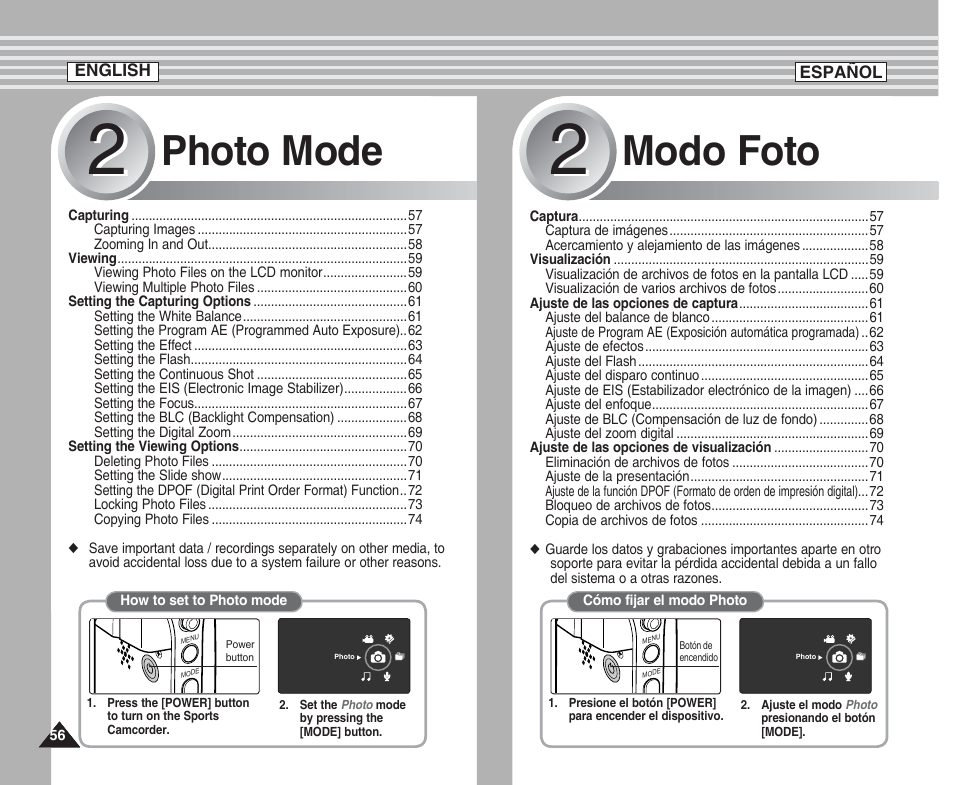 Photo mode, Modo foto | Samsung SC-X205L User Manual | Page 56 / 144