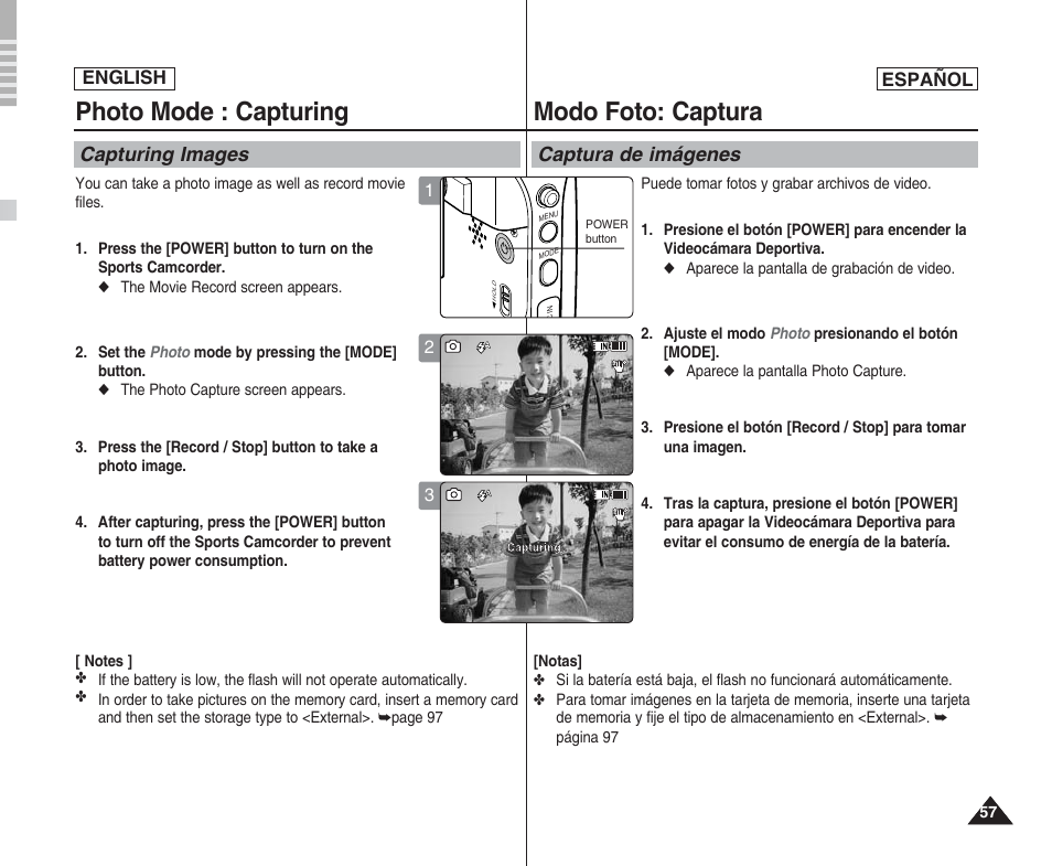 Photo mode : capturing, Modo foto: captura, Capturing images | Captura de imágenes, English español | Samsung SC-X205L User Manual | Page 57 / 144