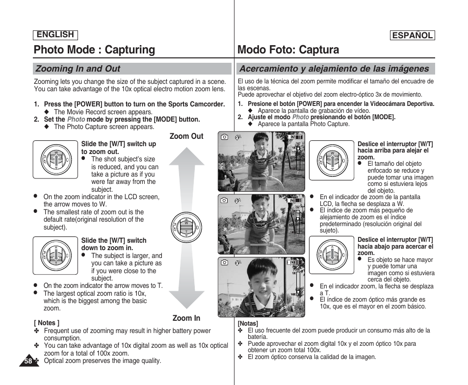 Photo mode : capturing, Modo foto: captura, Zooming in and out | Acercamiento y alejamiento de las imágenes, English español, Zoom in zoom out | Samsung SC-X205L User Manual | Page 58 / 144