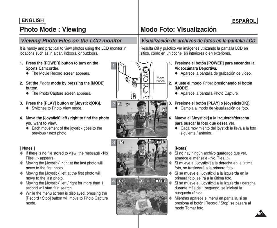 Photo mode : viewing, Modo foto: visualización, Viewing photo files on the lcd monitor | English español | Samsung SC-X205L User Manual | Page 59 / 144