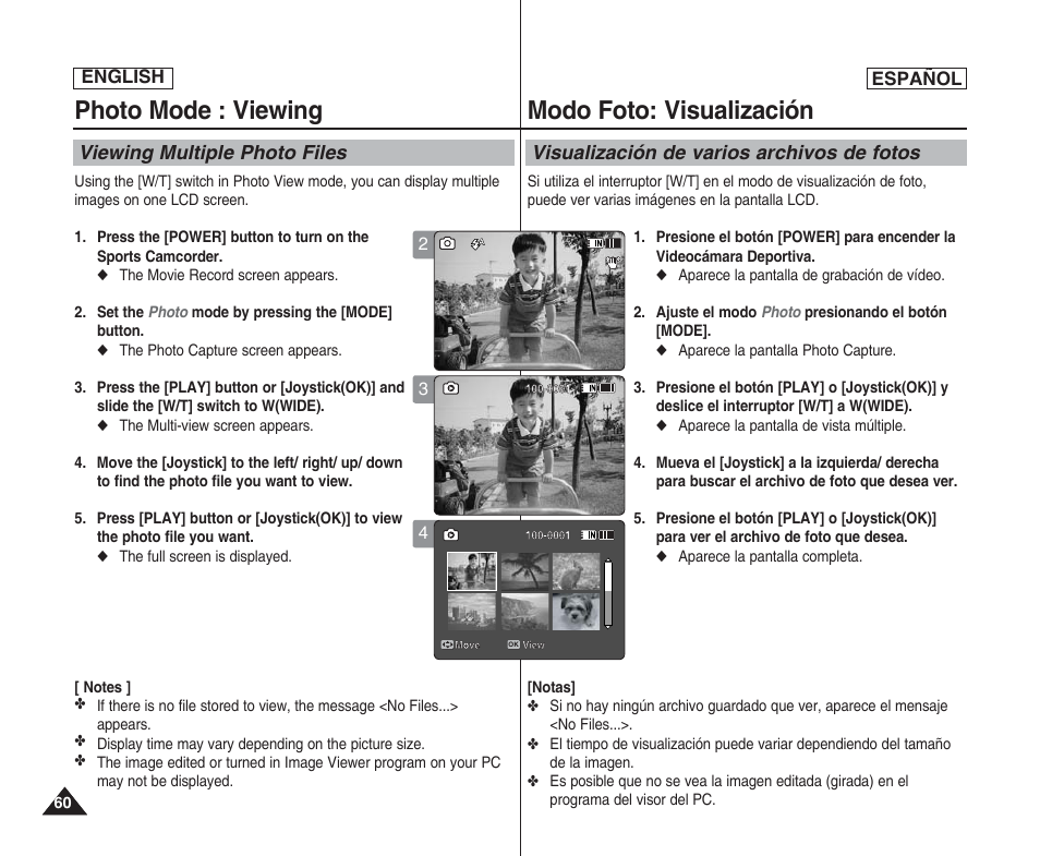 Photo mode : viewing, Modo foto: visualización, Viewing multiple photo files | Visualización de varios archivos de fotos, English español | Samsung SC-X205L User Manual | Page 60 / 144