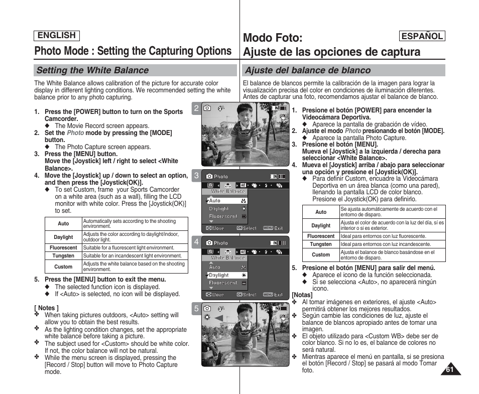 Photo mode : setting the capturing options, Modo foto: ajuste de las opciones de captura, Setting the white balance | Ajuste del balance de blanco, English español | Samsung SC-X205L User Manual | Page 61 / 144