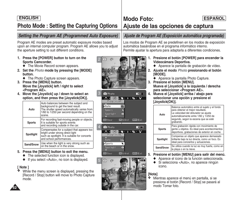 Photo mode : setting the capturing options, Modo foto: ajuste de las opciones de captura, Setting the program ae (programmed auto exposure) | English español | Samsung SC-X205L User Manual | Page 62 / 144