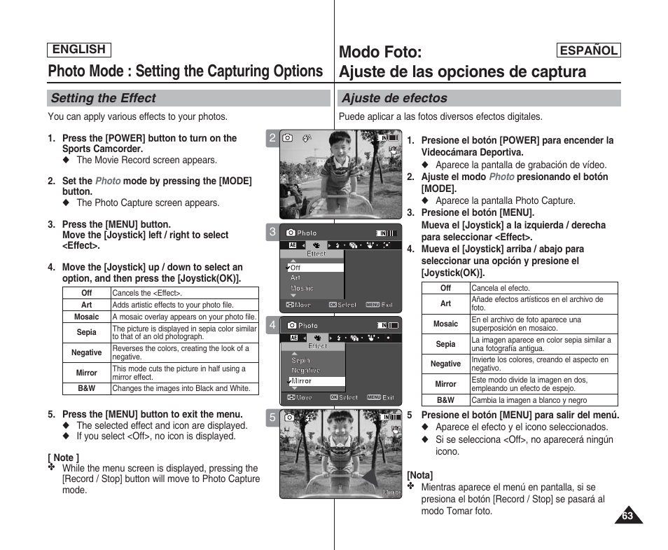 Photo mode : setting the capturing options, Modo foto: ajuste de las opciones de captura, Setting the effect | Ajuste de efectos, English español | Samsung SC-X205L User Manual | Page 63 / 144