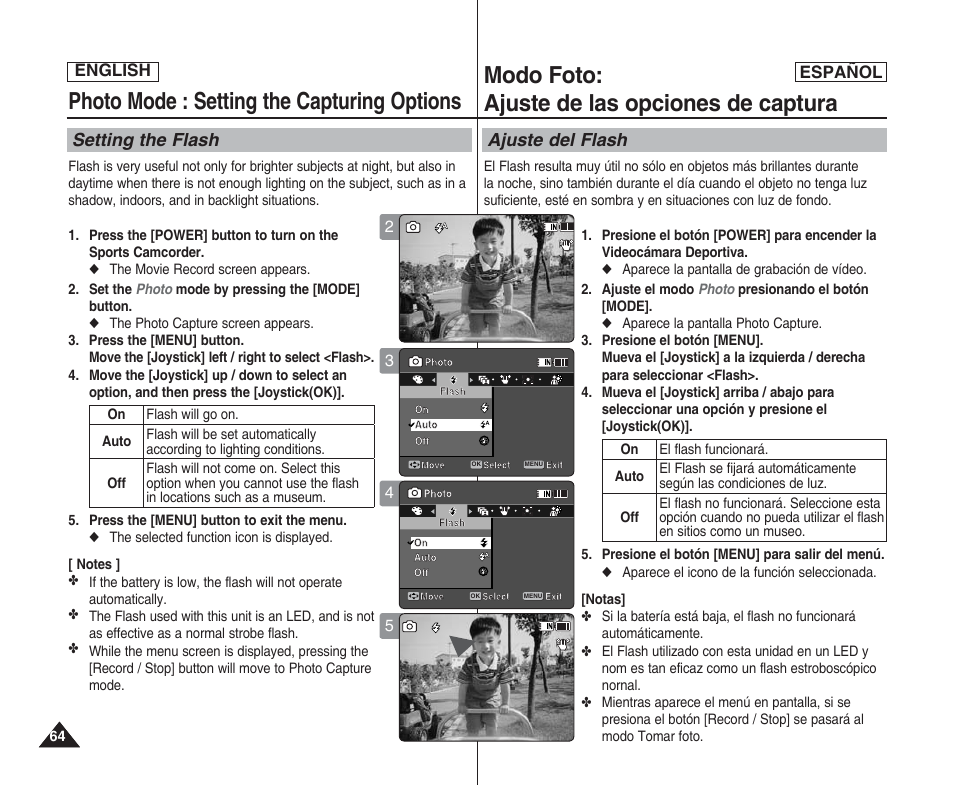 Photo mode : setting the capturing options, Modo foto: ajuste de las opciones de captura, Setting the flash | Ajuste del flash, English español | Samsung SC-X205L User Manual | Page 64 / 144