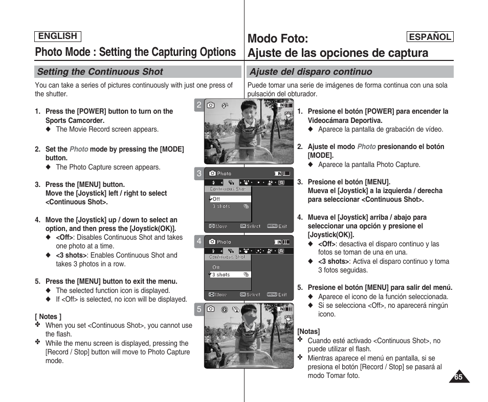 Photo mode : setting the capturing options, Modo foto: ajuste de las opciones de captura, Setting the continuous shot | Ajuste del disparo continuo, English español | Samsung SC-X205L User Manual | Page 65 / 144