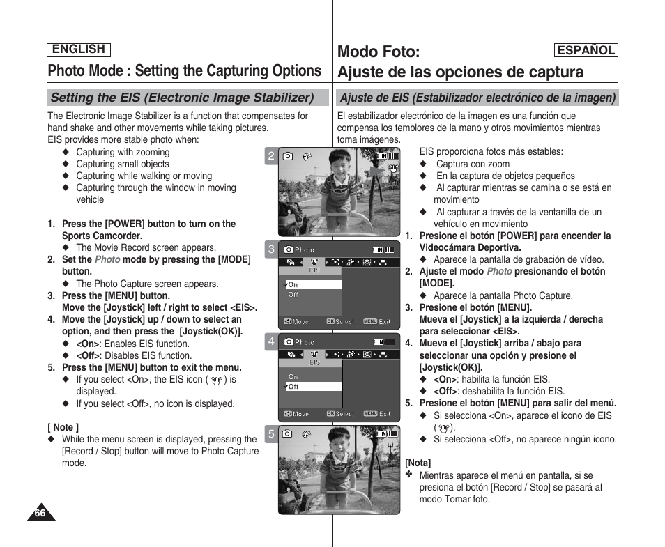 Photo mode : setting the capturing options, Modo foto: ajuste de las opciones de captura, Setting the eis (electronic image stabilizer) | English español | Samsung SC-X205L User Manual | Page 66 / 144