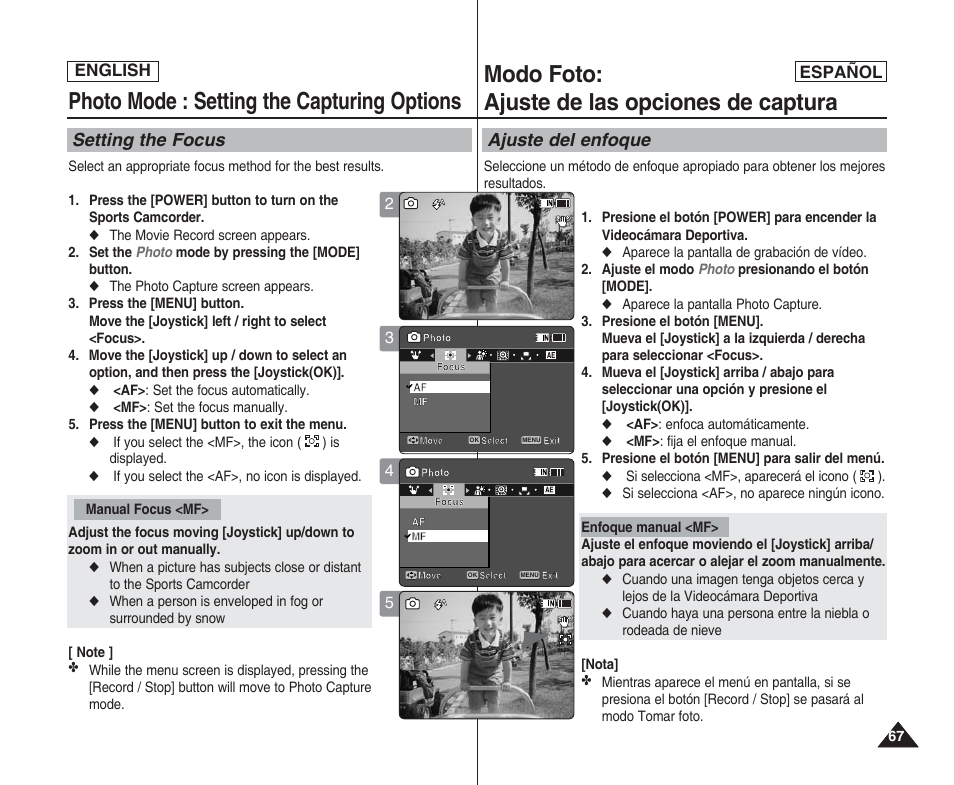 Photo mode : setting the capturing options, Modo foto: ajuste de las opciones de captura, Setting the focus | Ajuste del enfoque, English español | Samsung SC-X205L User Manual | Page 67 / 144