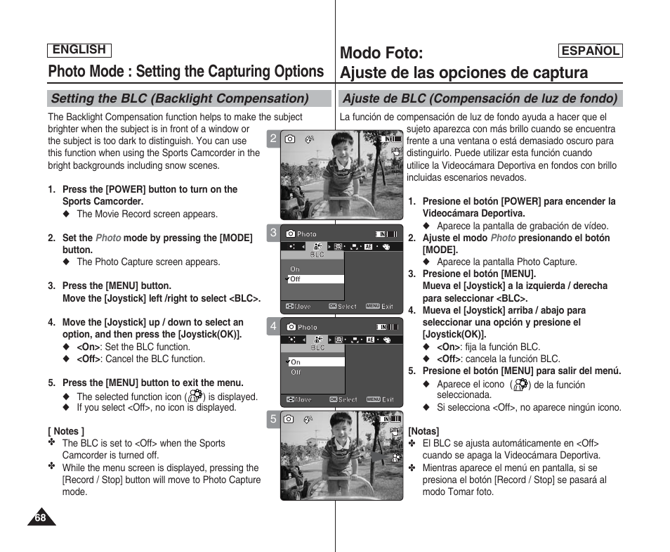 Photo mode : setting the capturing options, Modo foto: ajuste de las opciones de captura, Setting the blc (backlight compensation) | Ajuste de blc (compensación de luz de fondo), English español | Samsung SC-X205L User Manual | Page 68 / 144