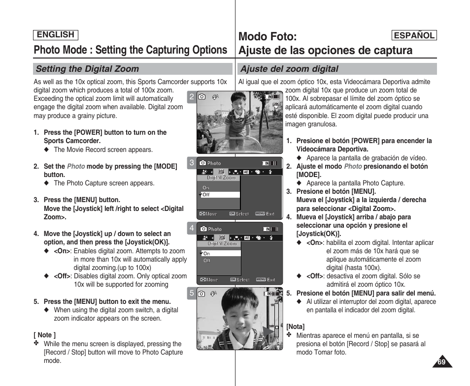 Photo mode : setting the capturing options, Modo foto: ajuste de las opciones de captura, Setting the digital zoom | Ajuste del zoom digital, English español | Samsung SC-X205L User Manual | Page 69 / 144