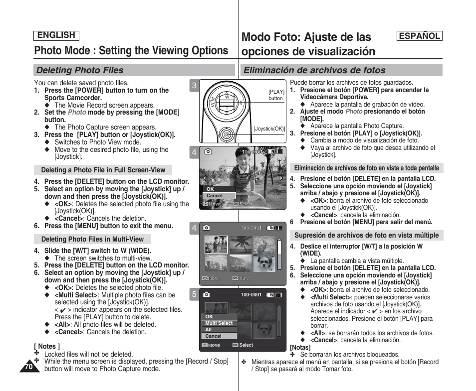 Photo mode : setting the viewing options, Modo foto: ajuste de las opciones de visualización, Deleting photo files | Eliminación de archivos de fotos, English español | Samsung SC-X205L User Manual | Page 70 / 144