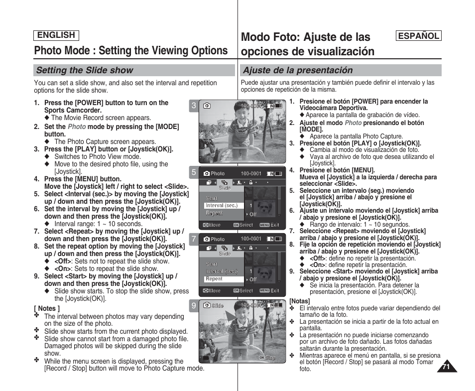 Photo mode : setting the viewing options, Modo foto: ajuste de las opciones de visualización, Setting the slide show | Ajuste de la presentación, English español | Samsung SC-X205L User Manual | Page 71 / 144