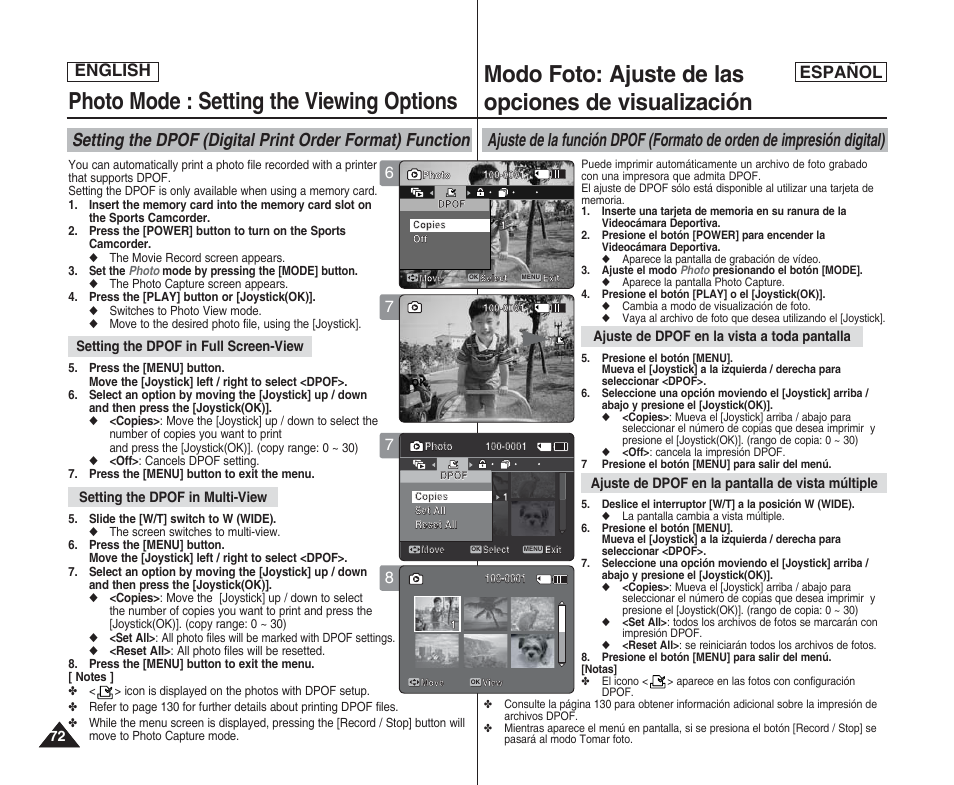Photo mode : setting the viewing options, Modo foto: ajuste de las opciones de visualización, English español | Samsung SC-X205L User Manual | Page 72 / 144