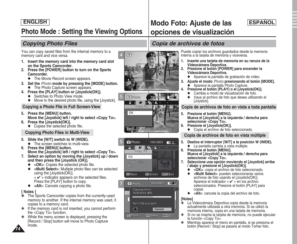 Photo mode : setting the viewing options, Modo foto: ajuste de las opciones de visualización, Copying photo files | Copia de archivos de fotos, English español | Samsung SC-X205L User Manual | Page 74 / 144