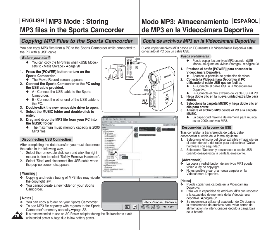 Copying mp3 files to the sports camcorder, Copia de archivos mp3 en la videocámara deportiva, English español | Samsung SC-X205L User Manual | Page 76 / 144