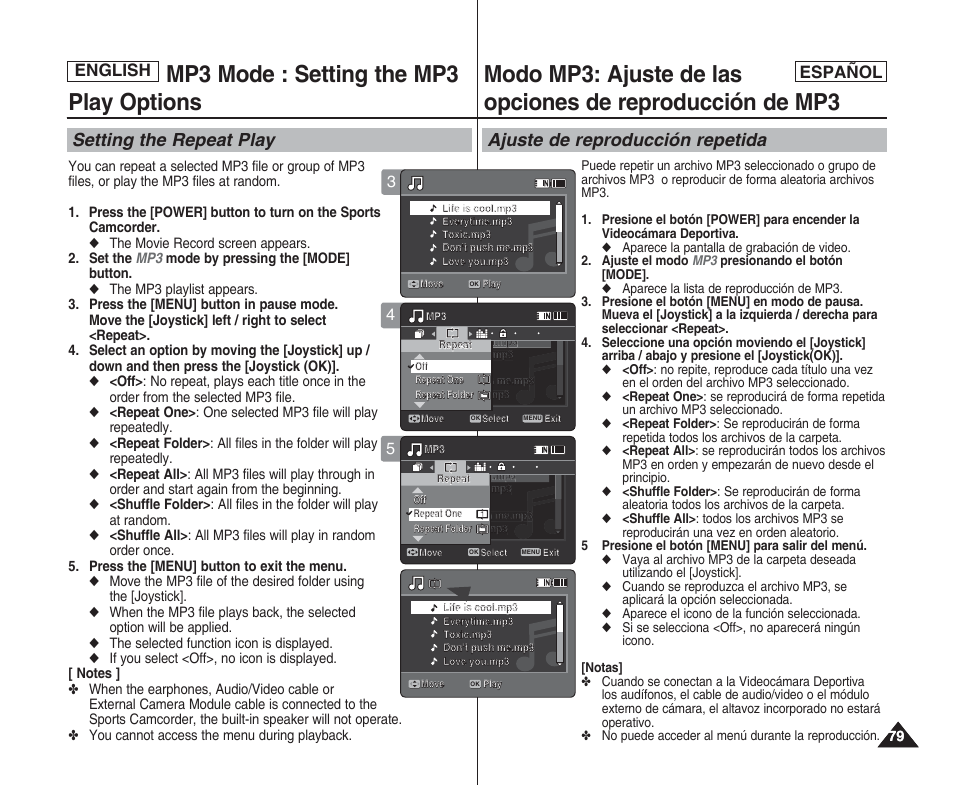 Mp3 mode : setting the mp3 play options, English, English español | Samsung SC-X205L User Manual | Page 79 / 144