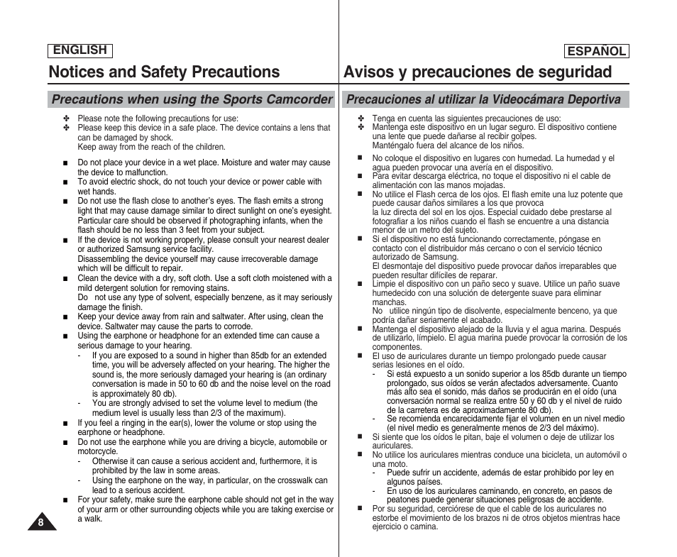 Notices and safety precautions, Avisos y precauciones de seguridad, Precautions when using the sports camcorder | Precauciones al utilizar la videocámara deportiva, English español | Samsung SC-X205L User Manual | Page 8 / 144