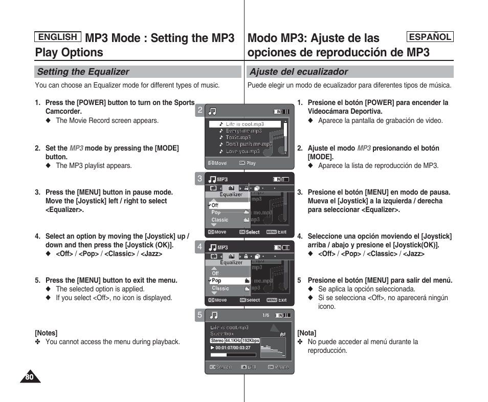 Mp3 mode : setting the mp3 play options, Setting the equalizer, Ajuste del ecualizador | English español english | Samsung SC-X205L User Manual | Page 80 / 144