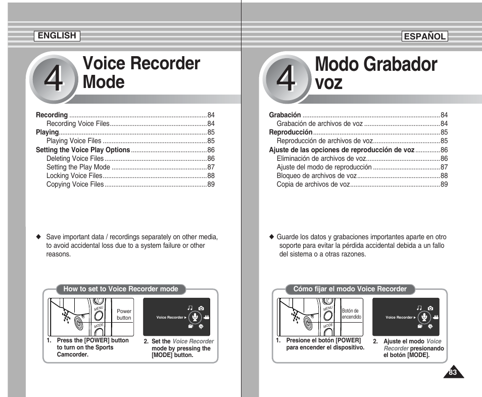 Modo grabador voz, Voice recorder mode | Samsung SC-X205L User Manual | Page 83 / 144