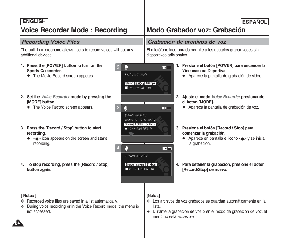 Voice recorder mode : recording, Modo grabador voz: grabación, Recording voice files | Grabación de archivos de voz, English español | Samsung SC-X205L User Manual | Page 84 / 144