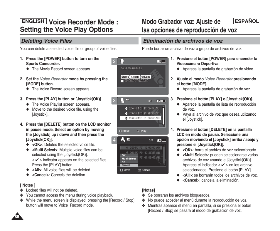 Deleting voice files, Eliminación de archivos de voz, English español english | Samsung SC-X205L User Manual | Page 86 / 144