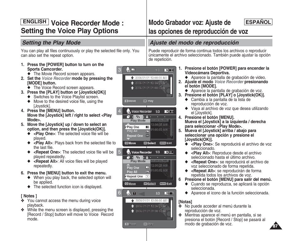 Setting the play mode, Ajuste del modo de reproducción, English | English español | Samsung SC-X205L User Manual | Page 87 / 144