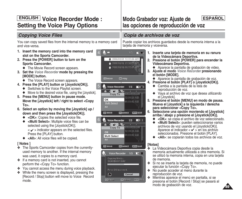 Copying voice files, Copia de archivos de voz, English | English español | Samsung SC-X205L User Manual | Page 89 / 144