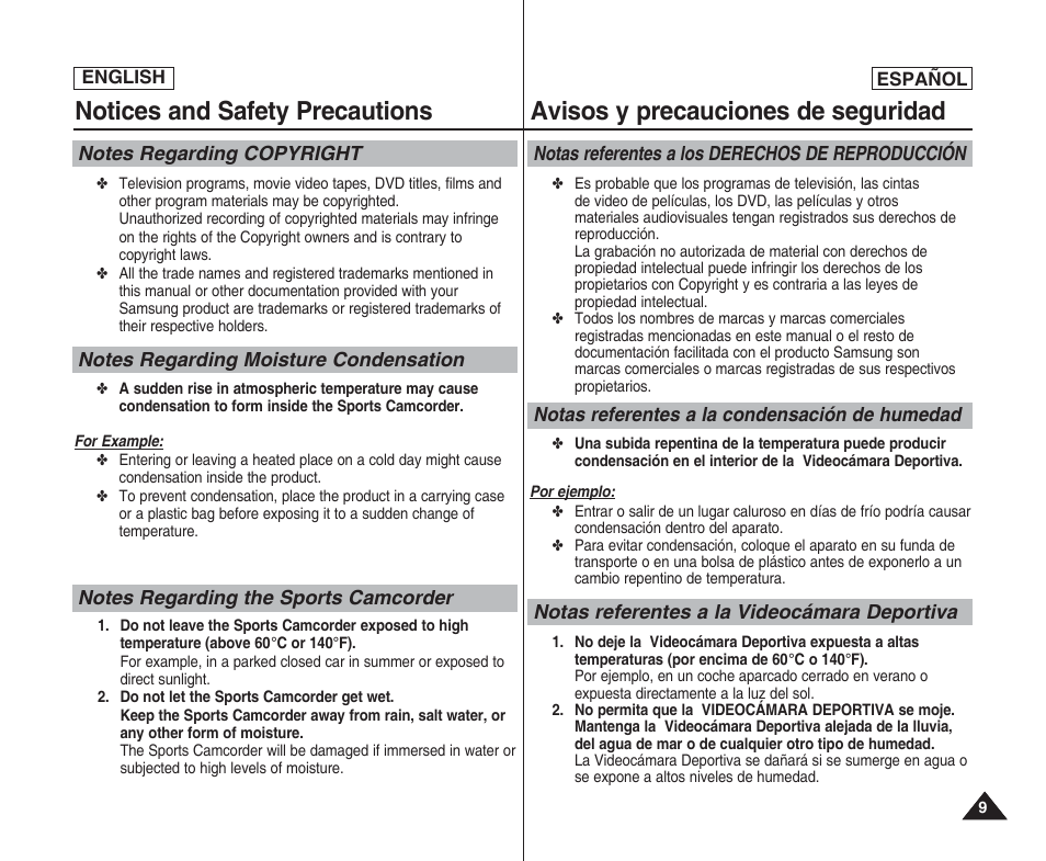 Notices and safety precautions, Avisos y precauciones de seguridad | Samsung SC-X205L User Manual | Page 9 / 144