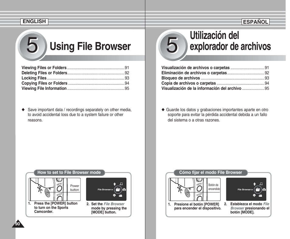 Using file browser, Utilización del explorador de archivos | Samsung SC-X205L User Manual | Page 90 / 144