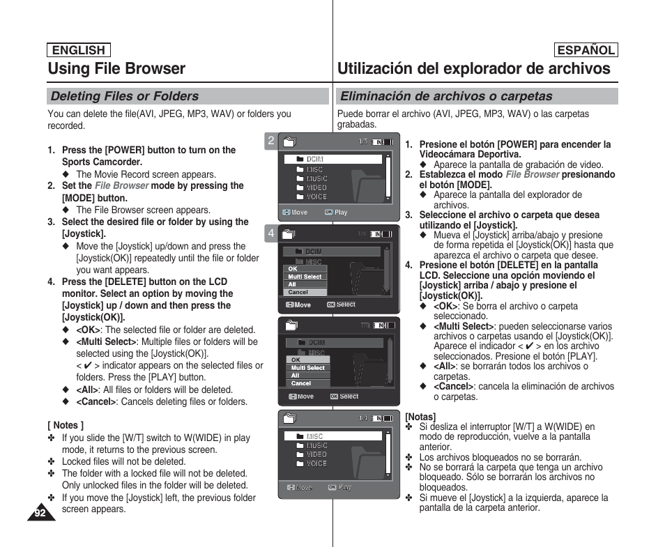 Using file browser, Utilización del explorador de archivos, Deleting files or folders | Eliminación de archivos o carpetas, English español english | Samsung SC-X205L User Manual | Page 92 / 144