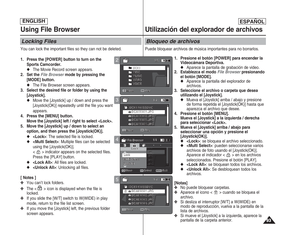 Using file browser, Utilización del explorador de archivos, Locking files | Bloqueo de archivos, English, English español | Samsung SC-X205L User Manual | Page 93 / 144